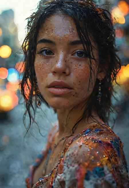 (extremely intricate:1.3), (realistic), photo of a beautiful 20 year old hispanic girl in a bustling metropolis, weaving through crowded streets and dark alleyways, close up, Detailed clothes, white skin, light brown eyes, flowing black hair, determined expression, shiny glossy skin, subsurface scattering, (sharp:0.7), [(colorful explosion psychedelic paint colors:1.21)::0.05], amazing fine detail, Nikon D850 film stock photograph Kodak Portra 400 camera f1.6 lens, rich colors, lifelike texture, dramatic lighting, urban environment, skyscrapers, neon signs, street vendors, dynamic composition, unreal engine, trending on ArtStation, cinestill 800 tungsten
, volumetrics dtx, (film grain, blurry background, blurry foreground, bokeh, depth of field, motion blur:1.3)<lora:more_details:0.6>