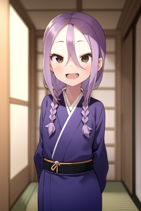 masterpiece, best quality, 1girl, solo, brown eyes, purple hair, twin braids, hair between eyes, happy, indoors, blue kimono, japanese clothes, arms behind back,