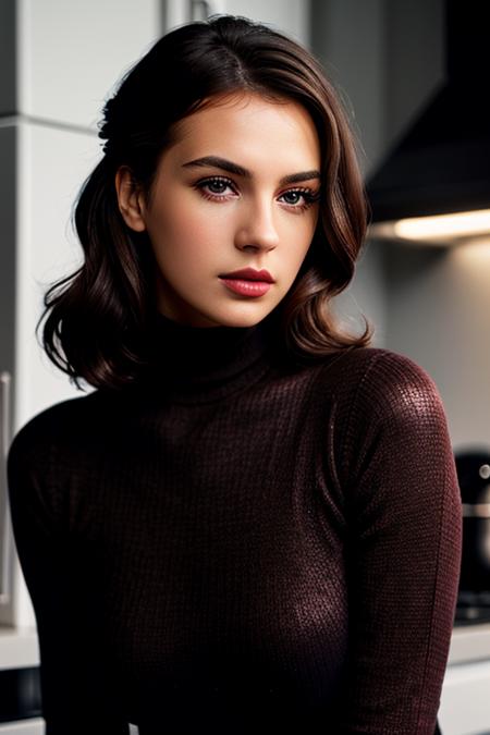 photo of janef-702:0.99,a woman, ((pale skin)), ((dark brown, hair, tattoos, fifties pinup hair, fancy updo)), ((turtleneck sweater, fully clothed):1.2),((closeup, portrait):1.2), ((kitchen):1.2),((dark red lipstick, eyeliner, eye shadow, blush):1.1), ((best quality, masterpiece, extreme details, high resolution):1.2),((detailed eyes, beautiful eyes, detailed face, beautiful face):1.2)