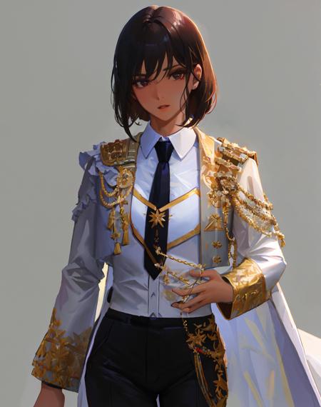 4K, Masterpiece, highres, absurdres,
solo, shirt, black hair, standing, jacket, white shirt, female focus, necktie, pants, dark skin, facial hair, parody, dark-skinned female, realistic, woman wearing epMatador outfit
 <lora:epMatador1:1>