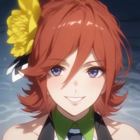 (score_9, score_8_up, score_7_up), source_anime, 4k resolution, highest quality, curvy body, beautiful, (detailed face. expressive eyes), Expressiveh,
1girl, red hair, medium hair, slightly wavy, side part, hair falling to right side, layered, side-swept bangs, hair framing face, curvy ends, medium breasts, 
yellow flower accessory on right side, black bow accent, green and yellow striped top, blue and green tie, black vest, sleeveless, blue belt, white buckle, black, green and yellow skirt, tiered, ruffled hem, black and white armband, black high heels,
face focus, upper body, happy, smile, looking at viewer,
, front  view, xpressiveh