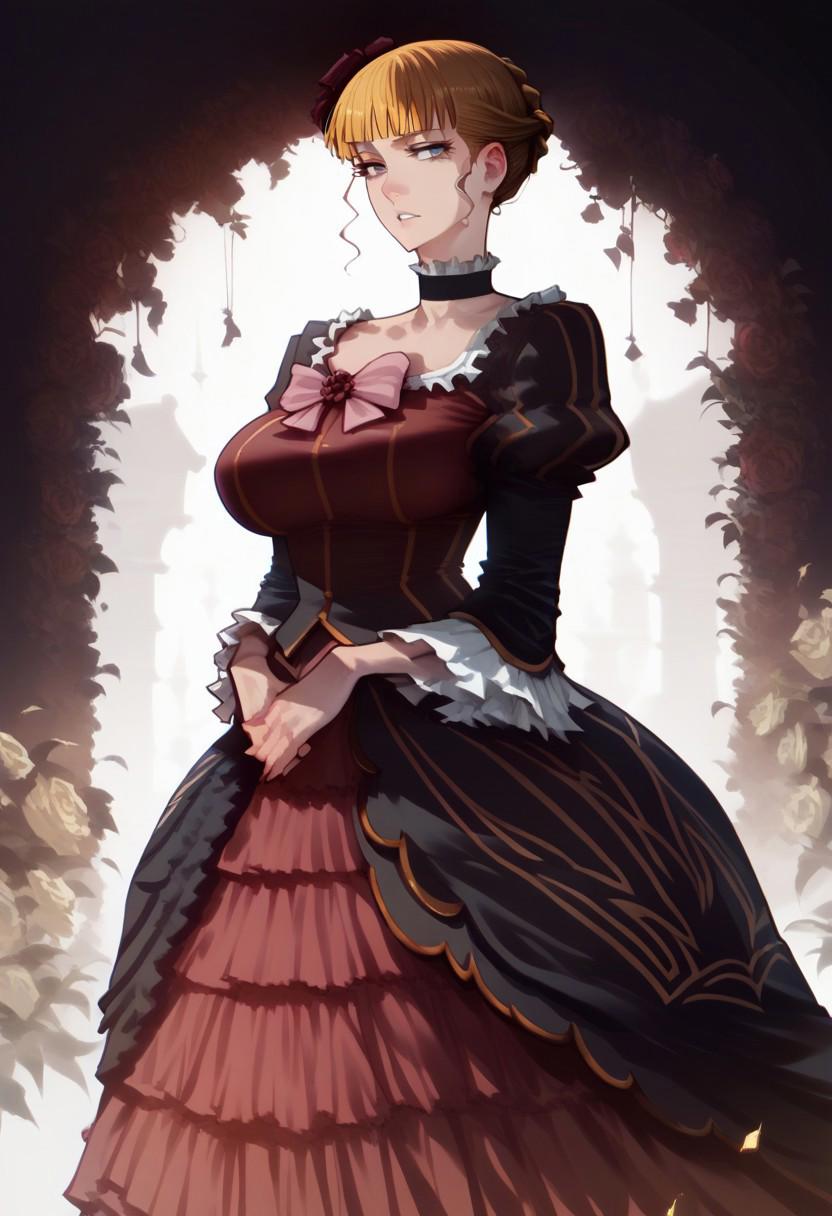 score_9, score_8_up, score_7_up, 1girl, WAW, solo, mature female, beatrice (umineko), dress, pink bow, choker, standing, parted lips, large breasts, detailed background