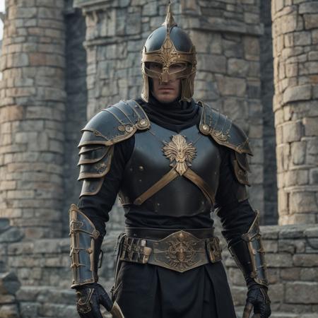 a close up of a warrior on a castle, black armored uniform,  he has an elongated head shape, kneehigh boots, circa 1 9 8 4, unused design, middle shot waist up, golden key, face shown, 2 8 mm color, front facing view, frontal shot, highly detailed, extremely beautiful, intricate, cinematic lighting, rich colors, ray tracing, hyperrealistic, photorealistic, cinematic landscape, trending on artstation, concept art,