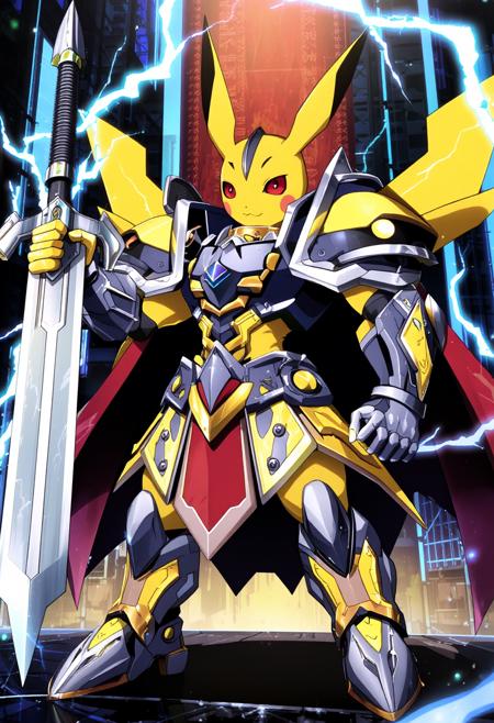 anime screencap from digimon adventure tri depicting a knight digimon with a pikachu aesthetic and biomechanical armor holding a lightning sword and standing in a digital dimension. The pikachu knight digimon has lightning patterns on his armor and carbon fiber joints, The image overall is evocative of the digimon adventure tri anime, with gritty detail and intricate linework