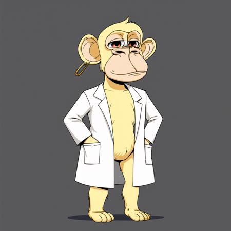 BAYC, flat yellow background, earring, full body, caricature, ape, monkey, 1girl, short hair, cream fur, big eyes, lab coat, <lora:BAYC_LoRA:0.6>