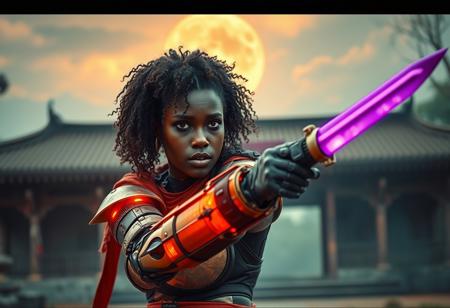 (A cinematic shot of a beautiful african cyborg, detailed face features, curly hair, one prosthetic arm, holding a purple glowing mace by the handle in defensive pose, orange haze around the katana blade, best quality, amazing details, temple in background:1.2)
