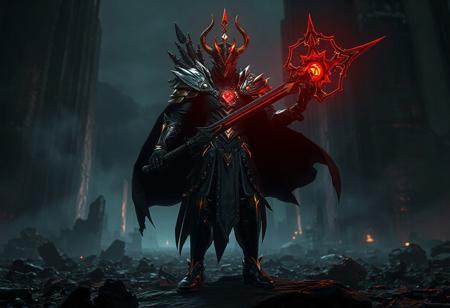 The image showcases a Dark Paladin from the video game "Final Fantasy VII" in a high-resolution, 4K, exceptional quality, and stunningly detailed depiction. The Dark Paladin, predominantly black and gold, stands in a dynamic pose, holding a Cyberdark sword and Emperor's Staff, ready for battle. The dark Ancient City - Rainbow Ruins background provides a contrasting backdrop, making the character the focal point. The image boasts vivid emotions, dramatic lighting, and hyper-realistic details, rendered with Octane and Unreal Engine 5. This masterpiece embodies a cinematic, epic, and cyberpunk style, with a red and orange glow and vibrant colors, aiming to be a trending piece on Artstation.