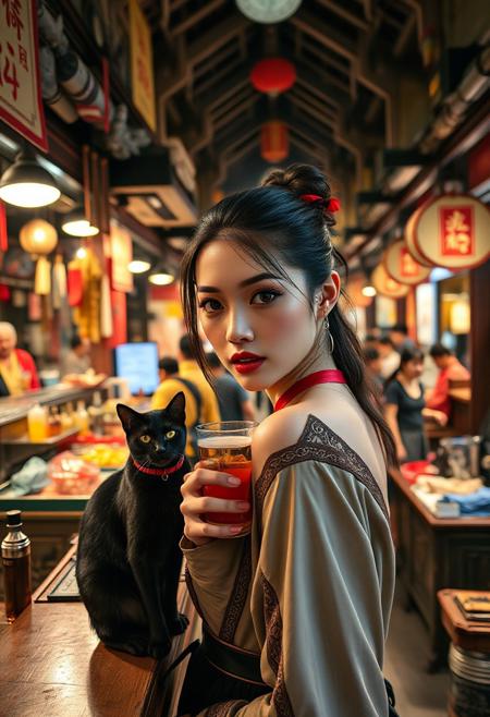 Setting is a tang dynasty street market at night, the market is comprised of street vendors selling robot parts, food, weapons, and robot pets. People wearing tang dynasty clothing are walking through the street market shopping and eating, A sleek black cat with red collar sits on a cluttered wooden counter, Behind the counter is a bar selling alcoholic beverages, (((a beautiful woman, 24 years old is standing in the foreground, the woman  facing the viewer with a cup of alcohol beverage in her hand. Her eyes are beautiful and focused on the viewer, she has an expression of interested curiosity))), the sleek black cat with red collar is sitting on the counter and watching the people walking by in the busy street market, the woman is dressed in yang dynasty style clothing combining a sexy and Chinese classic Tang aesthetic. The woman's hair is elegantly tied up with a ribbon. Artistic cyberpunk, dynamic perspective, (((overall architectural aesthetic is Ancient Tang Dynasty Chang-An China))).  Epic image that elicits a feeling of wonder and awe, part of the interior is visible,