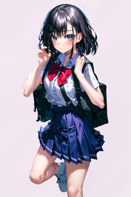 <lora:Quasarcake:1>, 1girl, solo, skirt, shirt, shoes, bag, bow, backpack, bangs, standing, blush, striped, sneakers, bowtie, pocket, breasts, white shirt, pleated skirt, white footwear, blue eyes, full body, diagonal stripes, collared shirt, red bow, short hair, short sleeves, black hair, school uniform, looking at viewer, dress shirt, closed mouth, striped background, grey skirt, holding strap, polka dot, red bowtie, hands up, blue skirt, parted lips, school bag, no socks, small breasts, breast pocket