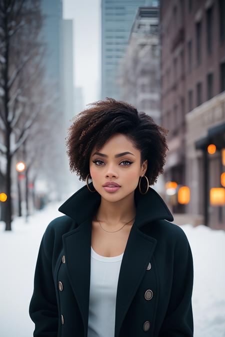 professional portrait photograph of (babycai:0.99), in winter clothing, beautiful face, cute natural makeup, afro haircut, wearing elegant winter fashion clothing, ((standing outside in snowy city street)), stunning modern urban upscale environment, ultra realistic, concept art, elegant, highly detailed, intricate, sharp focus, depth of field, f/1. 8, 85mm, medium shot, mid shot, (centered image composition), (professionally color graded), ((bright soft diffused light)), volumetric fog, trending on instagram, trending on tumblr, hdr 4k, 8k, (closeup portrait:1.2)