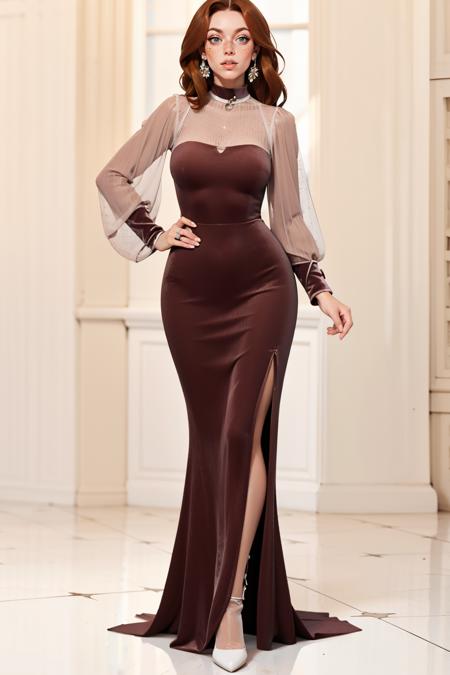 mar00nv3lv3t, long sleeves, dress, standing, full body, long dress, maroon dress, velvet dress, see-through sleeves,