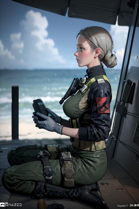 (masterpiece, best quality:1.2),  <lora:falck_(battlefield_2042):.9>, falck (battlefield 2042), 1girl, solo, gloves, breasts, large breasts, load bearing vest, uniform, military uniform, boots, holster, holding, grey hair, sitting, beach, day, sky, cloud, ocean, yokozuwari, umbrella, outdoors, profile, from side