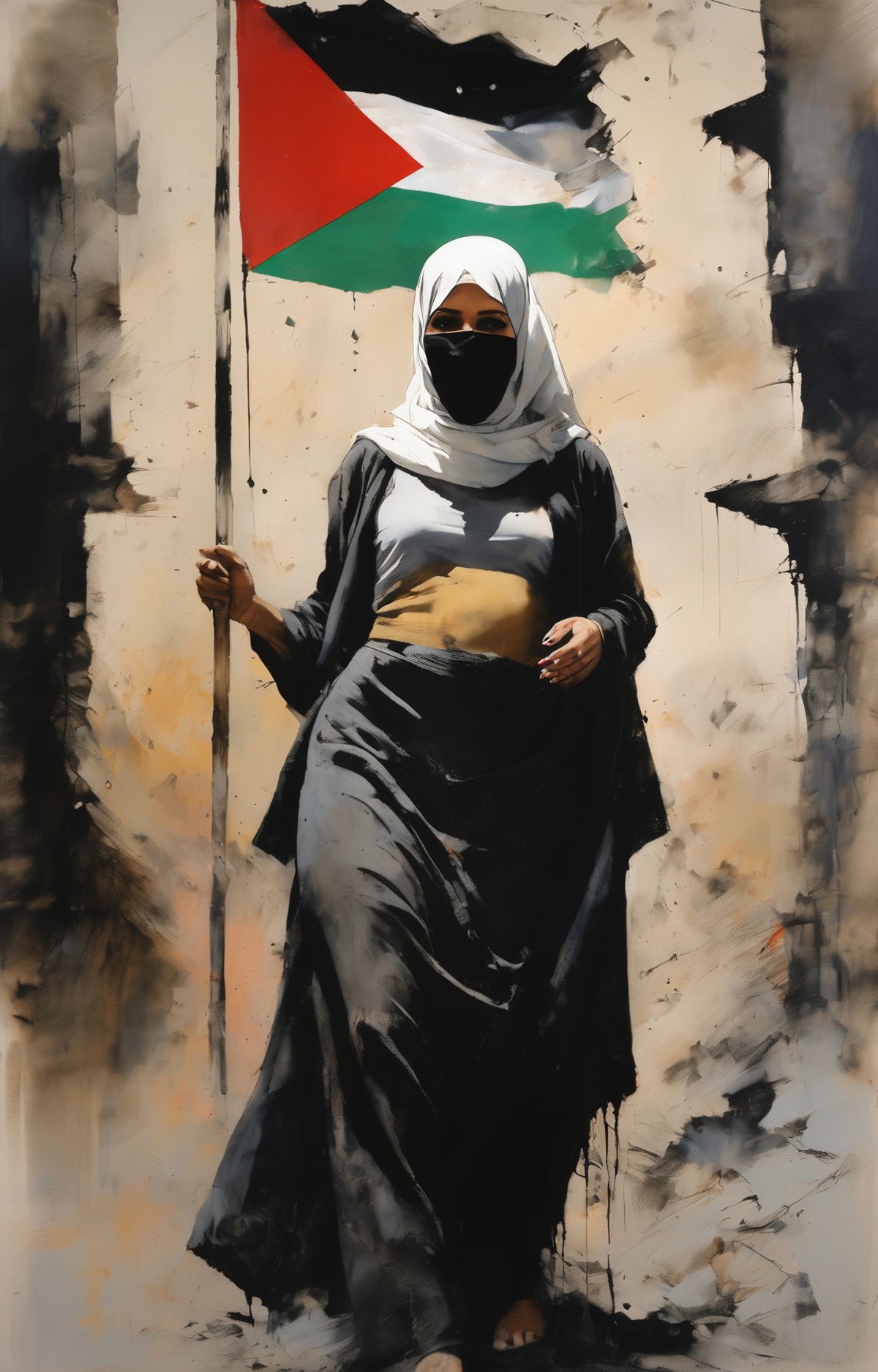 A woman wearing a burka and a green headscarf is holding a flag.