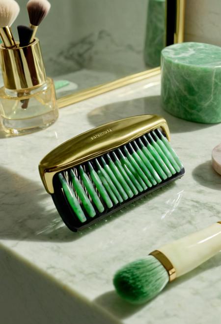 A polished green jade comb lying on a marble vanity next to a perfume bottle and a makeup brush, illuminated by diffused sunlight, ultra-detailed, photorealistic, 4K resolution <lora:Obsidian_Jade_Style:0.8>
