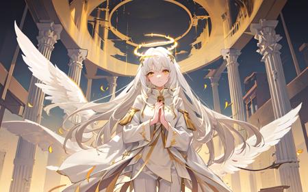 (best quality, masterpiece), (1girl, solo, gold pattern robe, white pants, standing , looking at front, halo of a halo, golden wing, Put the hands together, white hair, yellow eyes, closed mouth, upper body), (clear sky, smoke, pillar of light, abandoned temple background)