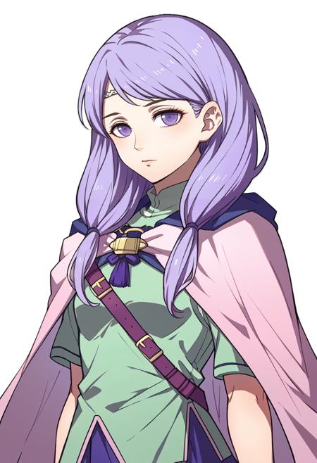 ilyanaPoR, lavender hair, bangs, lavender eyes, purple skirt, green shirt, short sleeves, pink capelet, circlet, white footwear, knee boots