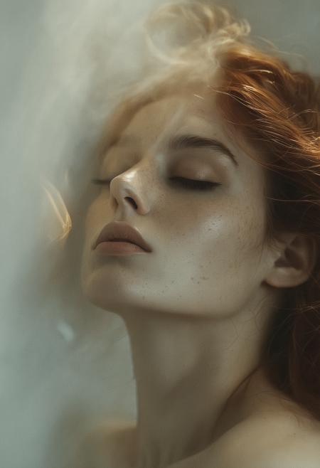 (sensual mood Soft Lighting Photography), stunning  medium format portrait photo, in the style of Miles Aldridge , style of Alessio Albi, 19yo (woman), the most Beautiful girl, copper-hair, masterful portrait in the style of Anders Zorn | Alessio Albi, professional photography portrait of a mysterious woman, award masterpiece, ((half-body nude portrait)), piercing gaze, modern, irresistible beauty, misterious, emotional, fuzzy lighting , low key, unusual composition, use of negative space, golden section composition, relaxed ,sensual , irresistible , fine details, Fine art photography style