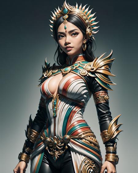 An Indonesian-styled futuristic suit worn by a girl depicting cultural fusion and modern fashion. The suit is adorned with intricate patterns and vibrant colors, showcasing the rich heritage of Indonesia. The girl stands confidently in a dynamic pose, with her detailed eyes reflecting determination and curiosity. The suit's material is a combination of traditional textiles and futuristic synthetic fabrics, giving it a unique and avant-garde appearance. The overall image quality is of the highest standard, with sharp focus and ultra-detailed rendering. The artwork employs physically-based rendering techniques, resulting in realistic lighting and shadows. The colors are vivid and vibrant, capturing the essence of Indonesian cultural aesthetics. The background features a fusion of modern architecture and traditional elements, creating a harmonious blend of the past and the future. The prompt explores the intersection of Indonesian culture, futuristic design, and the artistic representation of a confident girl, ral-melting <lora:ral-toothp:1> ral-toothp