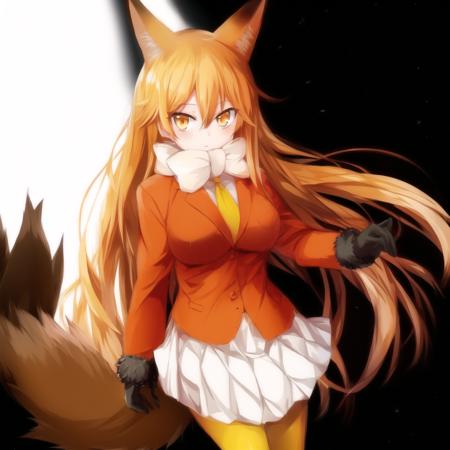 ezo, 1girl, solo, animal ears, fox ears, long hair, fox tail, blonde hair, white pleated skirt, brown gloves, brown fur trim, white bowtie, yellow legwear, long sleeves, yellow necktie, white undershirt, hair between eyes, very long hair, fur-trimmed sleeves, fox girl, bangs, orange eyes, orange blazer, brown loafers, brown tipped ears, brown tail, detailed shading, detailed ambient light