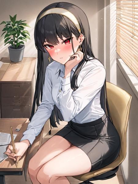 1girl,office_lady,yor_briar,solo,skirt,hairband,shirt,red_eyes,black_hair,black_skirt,pencil_skirt,earrings,jewelry,chair,white_hairband,white_shirt,blush,gold_earrings,sidelocks,pen,closed_mouth,holding,holding_pen,long_hair,desk,collared_shirt,sitting,bangs,office_chair,short_hair_with_long_locks,looking_at_viewer,plant,blinds,window,indoors,alternate_costume,shirt_tucked_in,dress_shirt,thighs,<lora:yueerfujiex_xl:1>,