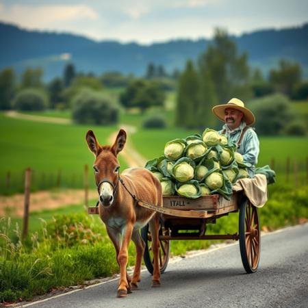 Create a realistic photo of Italy's pastoral landscape. Green fields and trees are visible against the background, creating an idyllic atmosphere. On the road there is a cart pulled by a cute little donkey that looks friendly and peaceful. There is a mountain of fresh cabbage on the cart, and next to it sits a man in rustic clothes and a big hat, who looks at the viewer with a smile. It is important that all the elements of the image look natural and harmonious, conveying the atmosphere of tranquility and comfort of the Italian countryside.