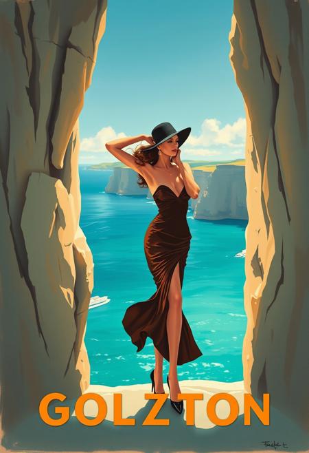 A painter capturing a chic model framed by cliffs and a turquoise sea, reminiscent of a travel poster
Art Deco elegance, travel poster aesthetic, glamorous figures, bold composition, vibrant yet refined color palette, stylized realism, vintage fashion, graceful poses, graphic minimalism, idyllic landscapes, decorative detail, 1920s sophistication, sunlit atmosphere