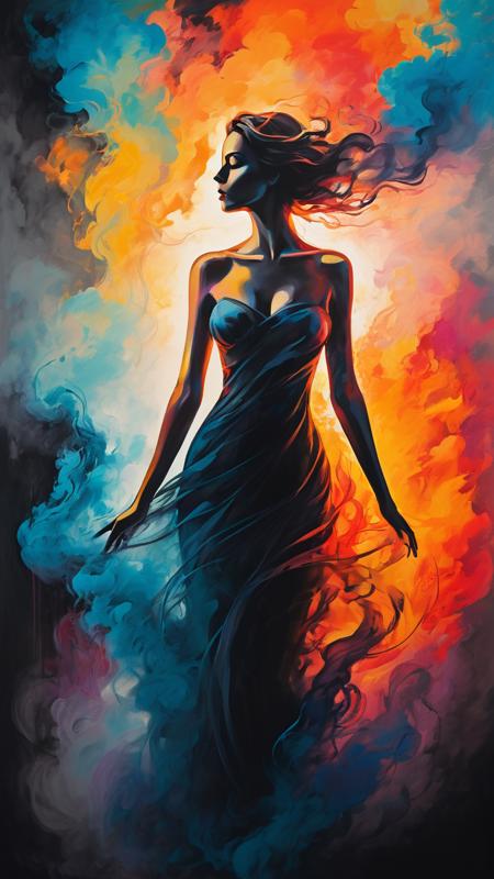Abstract Expressionism art of she is a gorgeous woman-like being created out smoke ((she is coming out of a sunset mist), smoke dances around the character, by Vladimir Matyukhin, RAW, intricate, vibrant colors,(((facing viewer))), High contrast, minimalistic, colorful, stark, dramatic, expressionism