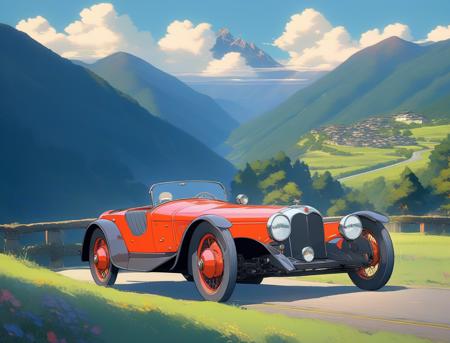 anime, old sport car, beautiful scenery, moutains, road, masterpiece, best quality,