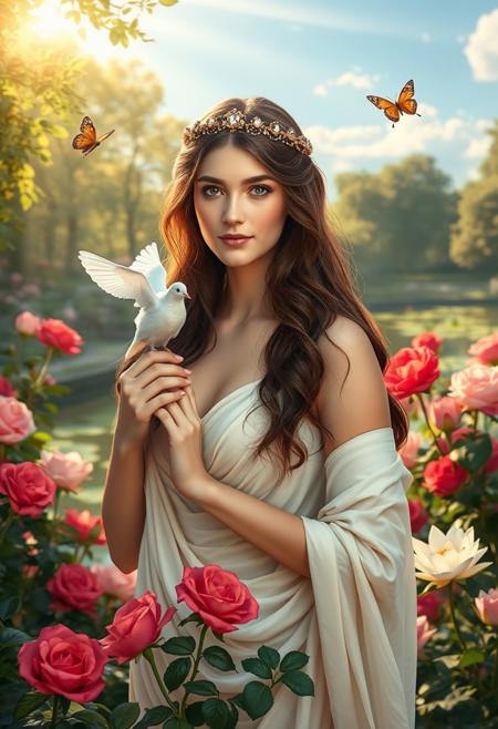 Aphrodite standing in a lush, divine garden surrounded by blooming roses in shades of red, pink, and white. She wears a soft, flowing ivory tunic that drapes loosely over her perfect skin. Her long chestnut hair cascades over her shoulders, held by a golden tiara adorned with small sparkling gemstones. Aphrodite holds a dove gently in one hand, symbolizing love and purity. Her serene face radiates calm and divine beauty, with a subtle, mysterious smile. The garden is full of vibrant flowers, and in the background, a tranquil pond shimmers with floating lilies. Sunlight filters through the trees, casting the scene in a warm, golden glow. Soft clouds and butterflies hover nearby, while a gentle breeze rustles the leaves, completing this celebration of love and nature.