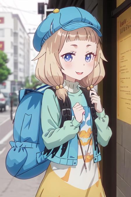 best quality, masterpiece, highres, solo, {sakura_nene_newgame:1.15}, blonde_hair, hair_ornament, hair_bobbles, twintails, blush, blue_eyes, bangs, closed_mouth, low_twintails, 1girl, >_<, backpack, bag, blue_headwear, blue_jacket, closed_eyes, hat, jacket, long_sleeves, open_mouth, outdoors, blurry_background, upper_body, blurry, facing_viewer, :3, :d, animal_bag, cabbie_hat, forehead, holding, smile, xd