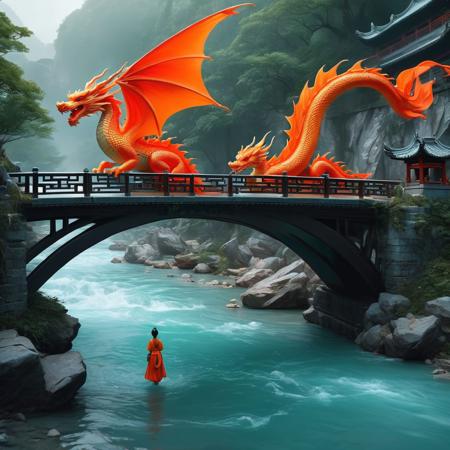 a Chinese woman is in a river with an orange dragon above a bridge, in the style of epic fantasy scenes, red and aquamarine, realist detail, ingrid baars, heather theurer, interactive artwork, animated gifs