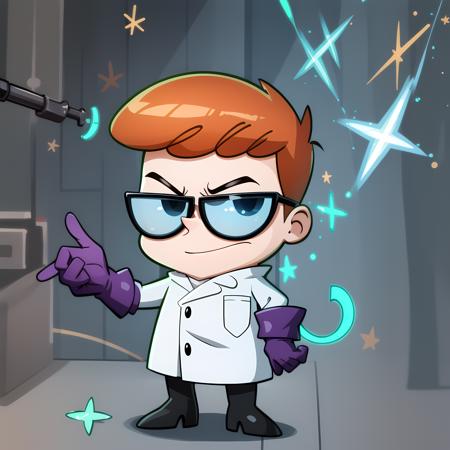 ((masterpiece, best quality)),(complex lighting) , solo ,1boy, full body, dexter ,  <lora:Dexter1-10:0.8>, red hair, glasses, standing, purple gloves, black eyes, black boots, closed lab coat, simple background, smirk,