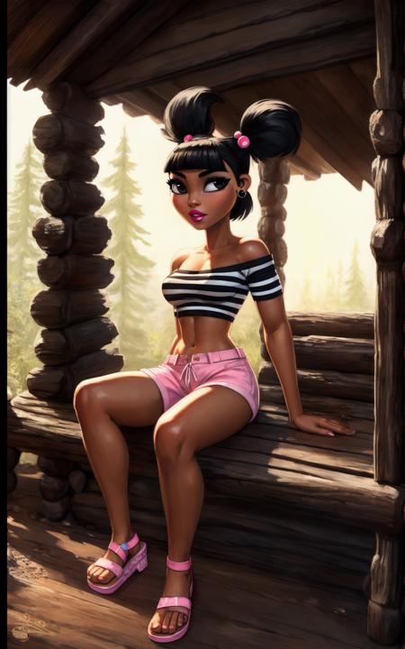 8k.4k,((Best quality, masterpiece, ultra high resolution)),sitting,((full body)), by pixelsketcher,  <lora:Katie:1>,katie, black hair, dark skin, ((pink shorts, pink sandals, bare shoulders)),lipstick, makeup,hair bobbles, earrings, hair ornament, twintails, black eyes,breasts, midriff, navel, short twintails,black striped shirt,human,1girl,((cabin in the back,outside)),forest