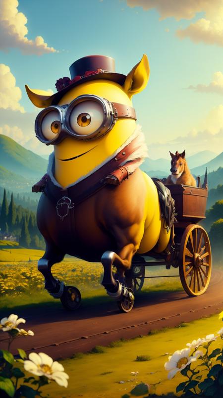 <lora:MinionStyle:1.25> MinionStyle Yellow a horse-drawn carriage rolling through a picturesque countryside, (Masterpiece:1.3) (best quality:1.2) (high quality:1.1)