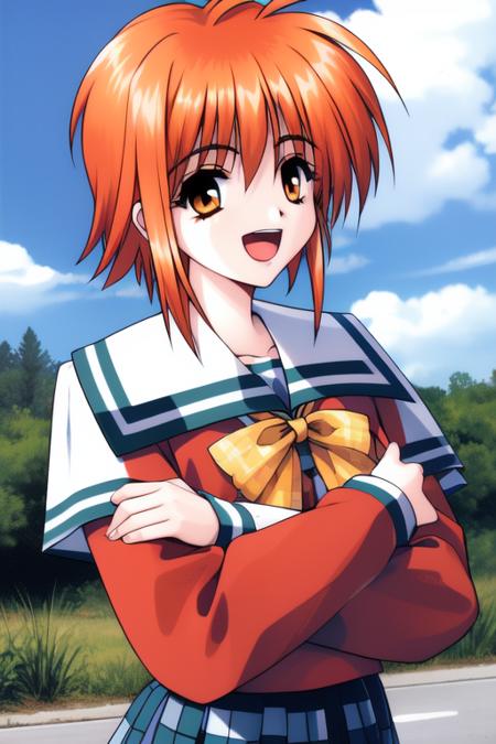 <lora:Akumu95_AoiKajitsunoSange:0.8>,akumu, 1girl, solo, short hair, school uniform, long sleeves, smile, open mouth, upper body, jewelry, orange hair, earrings, crossed arms, brown hair,
school uniform,   long sleeves,  blue_sky, school, cowboy Shot, plaid, smile, 
1990s \(style\), masterpiece, high quality, very_high_resolution, large_filesize, full color,