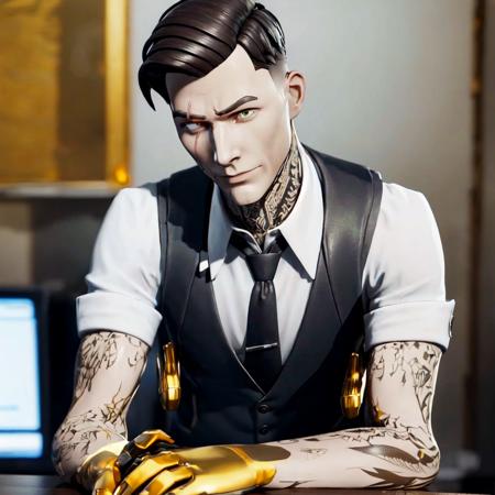 a man sitting behind a desk, folding hands in fronst of face (full body), high detail skin, high detail eyes, high detail hair, highres, ultra detailed:1.2, detailed pores, imperfect skin:1.2, detailed reflective shiny skin, diffused skin pores,sharpen picture, Highly detailed, masterpiece, best quality <lora:MidasLoRA:1> midas, with, tattoos, scar, and, vest, tie, holding, gun