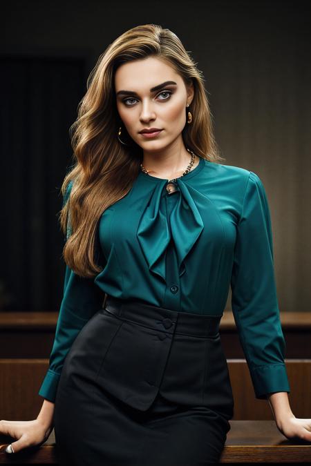 a professional photograph of beautiful (M36D0n:1.1) woman,as a trial attorney lawyer,wearing a (dark business suit:1.2) with (teal blouse:1.1),pleading a case during a trial,cross examining a (criminal defendant on witness stand:1.3),with (courtroom in background:1.2),wearing earrings and a gold necklace,(long hair:1.3),lipstick and eyeshadow,action pose,sharp focus,detailed eyes,(highly detailed),(HDR),(8k wallpaper),intricately detailed,high contrast,highres,absurdres,hyper realistic,8K UHD DSLR,Fujifilm XT3,taken with (Canon EOS 1Ds camera),extremely intricate,dramatic,(looking at viewer),4k textures,elegant,(cinematic look),hyperdetailed,PA7_Portrait-MS,<lora:M36D0n_04A-000002:1.0>,