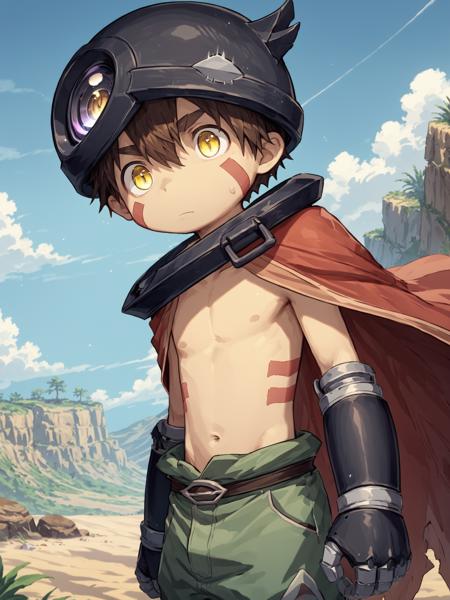 1 boy, Reg, mad in abyss, male focus, brown hair, yellow eyes, helmet, mechanical arms, red markings, cape topless male