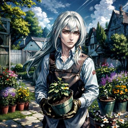 (masterpiece:1.2), ultra detailed, <lora:MichelBollinger:0.65>,  Michel_Bollinger, 1man, long hair,((gardening clothes)), flower, manor, dirt road, picking flowers, sunlights, happy, <lora:Beautifuleyes:0.6>,  <lora:Adddetail:0.5>