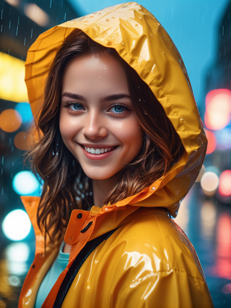 photographic, realistic, realism, cinematic photo, 
beautiful, (masterpiece:1.2), (best quality:1.2), perfect lighting, pov, close up, head shot, 1girl, smile, crop top, raincoat, foreshortening, depth, colorful,,
35mm photograph, film, bokeh, award-winning, professional, highly detailed, 4k, highly detailed