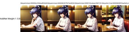 solo, Mitsurugi Meiya, blue eyes, blue hair, high ponytail, sitting at a restaurant, smile