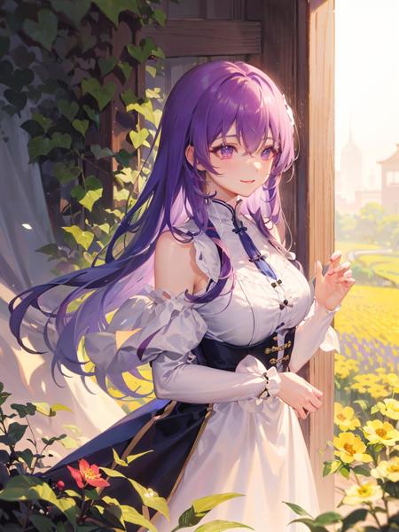 best quality,masterpiece,moqingxian,1girl,breasts,flower field,gentle breeze,<lora:moqingxian-000006:1>,smile, a bittersweet atmosphere, a moment of quiet contemplation,