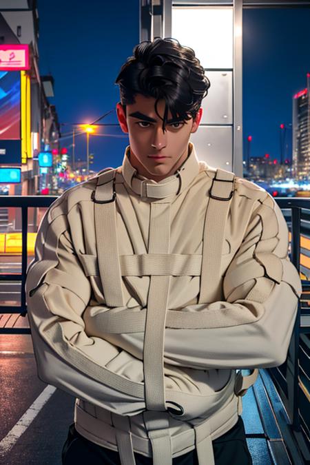 <lora:StraitjacketGeneral_v1:0.7>, straitjacket,(absurdres, highres, ultra detailed, realistic), 1 male, solo, adult, mature, tall muscular guy, broad shoulders, handsome, very short hair, black hair, brown eyes, angular jaw, thick neck, thick eyebrows, night, dark, the night view of the city background, upper body