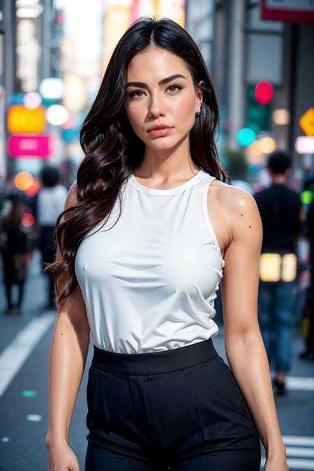 a professional photo of dmtozdmr woman, wearing a  polyester sleeveless long shirt, nylon pants, attractive standing in the tokyo streets, (ultra detailed skin:1.3), moles, (perfect eyes), (((perfect hands))),  stunning legs, (voluptuous body:0.8), (photorealistic:1.2), 8k, dslr, (bokeh), ultra high res   <lora:add_detail_v5:1>   <lora:Demet_Ozdemir_V2:0.85>