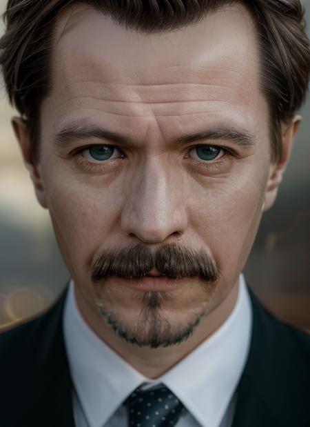 (<lora:GaryOldman:1>) a close up Portrait photo of (go1) man with mustache, Detailed face, (perfect eyes), (highly detailed skin:1.1), perfect body, wearing a ((suit and tie)), Modelshoot style, Professional Photography, soft lighting, PHOTOREALISTIC, Realistic, standing in a dark studio background, blurred background, volumetric fog,. RAW, analog style, sharp focus, 8k, HD, DSLR, high quality, Fujifilm XT3, film grain, award winning, masterpiece,