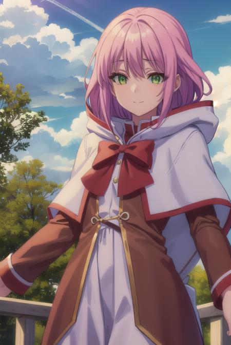 nornclatalissajioral, <lora:norn clatalissa jioral s1-lora-nochekaiser:1>,
norn clatalissa jioral, long hair, hair between eyes, (green eyes:1.5), pink hair, smile,
BREAK long sleeves, dress, bow, red bow, hood, robe, white robe,
BREAK outdoors, forest, nature, grass, trees, sun, sky, clouds,
BREAK looking at viewer, (cowboy shot:1.5),
BREAK <lyco:GoodHands-beta2:1>, (masterpiece:1.2), best quality, high resolution, unity 8k wallpaper, (illustration:0.8), (beautiful detailed eyes:1.6), extremely detailed face, perfect lighting, extremely detailed CG, (perfect hands, perfect anatomy),