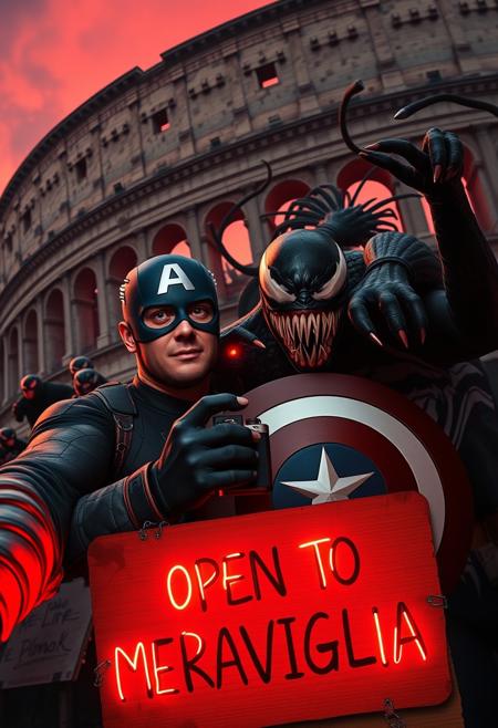 Marvel icons, Captain America and Venom, are caught in a surreal, high-energy selfie in front of the ancient Colosseum, with an unsettling atmosphere creeping into the scene. Captain America, his shield glowing faintly under the dimming light of a blood-red sunset, holds a vintage Kodak MC3 camera, trying to capture the eerie moment. Venom, grinning with malevolent glee, strikes a wild pose, his tendrils snaking around Cap’s shoulders, almost squeezing too tight in a way that blurs the line between playfulness and menace. Behind them, the towering Sion army approaches, their glowing red eyes piercing through the shadows of their insect-like helmets.
The Colosseum looms ominously in the background, its ancient arches casting dark, twisted shadows as if the structure itself is alive. The iconic ruins feel warped, with cracks pulsing as though ready to split open. In the foreground, a neon cardboard sign reads ‘OPEN TO MERAVIGLIA,’ but the letters flicker erratically, with some symbols morphing into eerie, cryptic shapes. Holographic effects ripple unnervingly, and the air around them is thick with swirling dust and mist, giving the scene an otherworldly, haunted feel. The contrast between the decaying landmark, superheroes, and the approaching army creates a chilling snapshot of a reality slipping into chaos