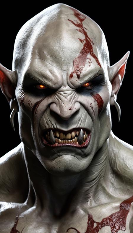 The image features a close-up of a character named Azog the Defiler, who is a goblin with a menacing appearance. He has a bloody face, large, muscular build and is wearing a necklace. The character's face is covered in scars, and he has a ferocious look on his face. The image is a digital painting, giving it a vivid and detailed appearance,  <lora:add-detail-xl:1>