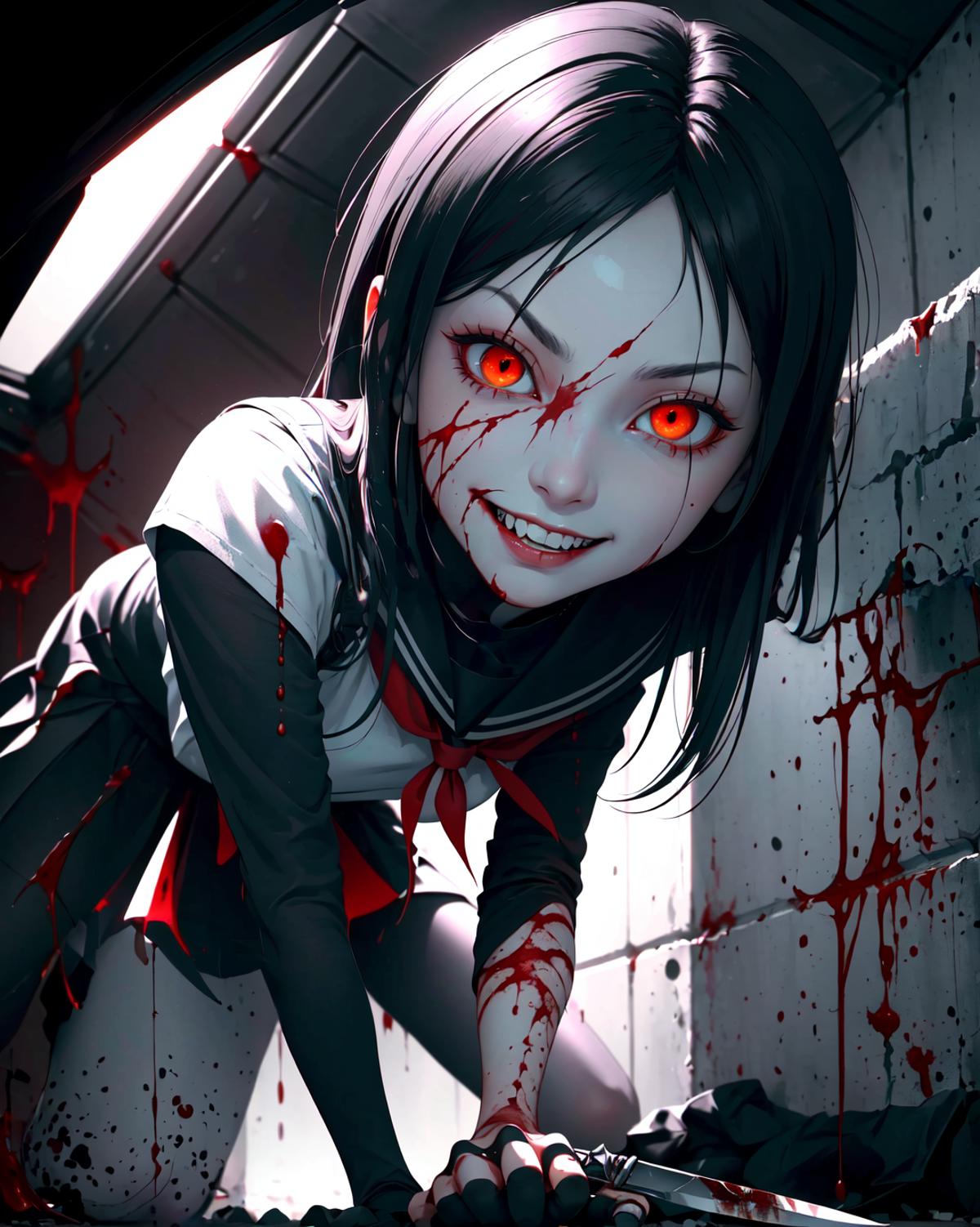 A bloody girl with red eyes and a red ribbon in her hair is smiling.
