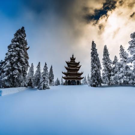 4k, 8k, exquisite visuals, high-definition images, high pixels, high resolution, 1 white palace, palace gate made of white snow, with a Chinese style white archway,Exquisite architecture, exquisite designï¼ inscription, plaque, four corners raised, fairyland, clouds and mist, wind, white clouds, white skyï¼ <lora:forest_snow:1>